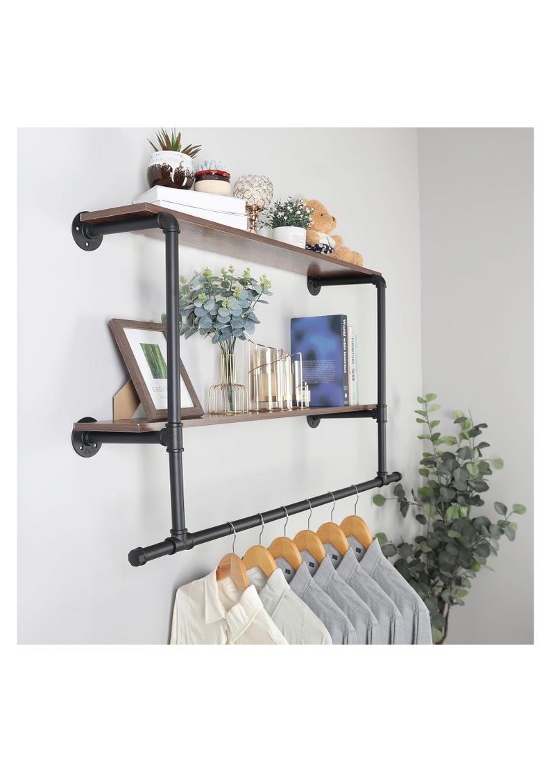 Arabest Pipe Clothes Rail with Shelf: Wall Mounted Pipe Clothing Rack Wall Hanging Clothes Display Rack with 2 Tier Shelves Clothes Rail Wall Industrial Pipe Clothing Rail Pole with Shelves for Bedroom  - Image 4