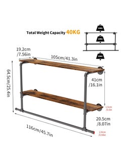 Arabest Pipe Clothes Rail with Shelf: Wall Mounted Pipe Clothing Rack Wall Hanging Clothes Display Rack with 2 Tier Shelves Clothes Rail Wall Industrial Pipe Clothing Rail Pole with Shelves for Bedroom  - Image 5