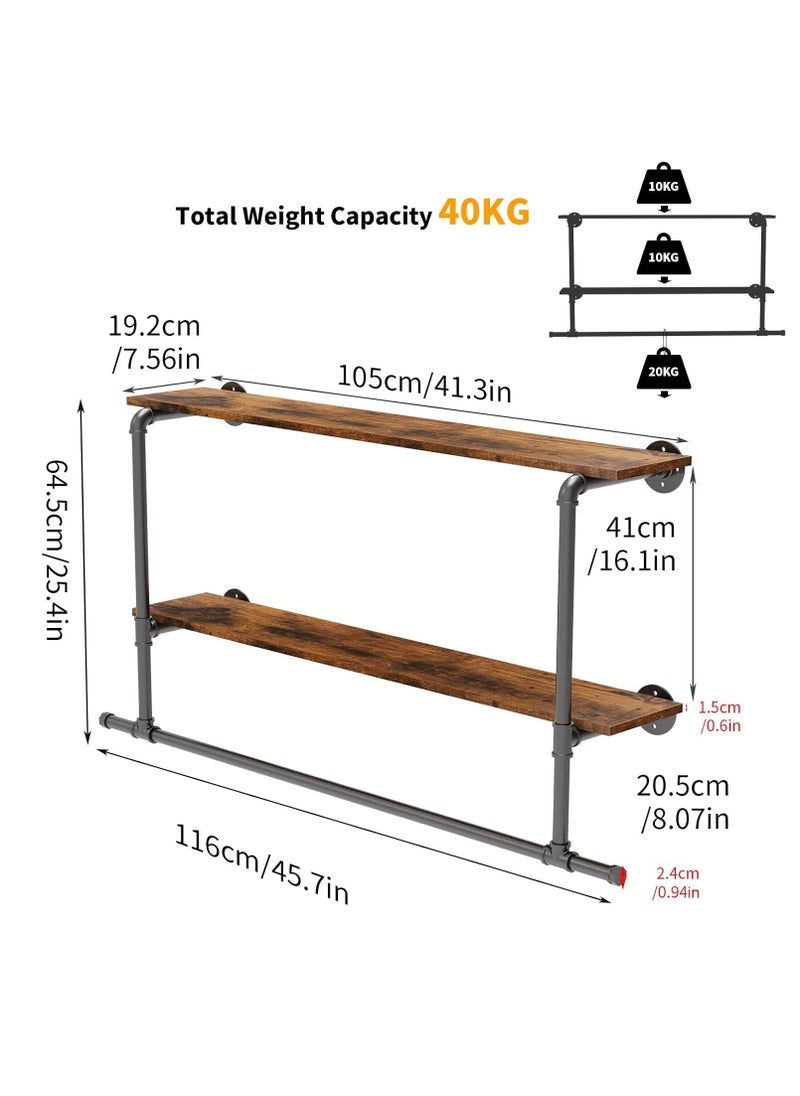 Arabest Pipe Clothes Rail with Shelf: Wall Mounted Pipe Clothing Rack Wall Hanging Clothes Display Rack with 2 Tier Shelves Clothes Rail Wall Industrial Pipe Clothing Rail Pole with Shelves for Bedroom  - Image 5