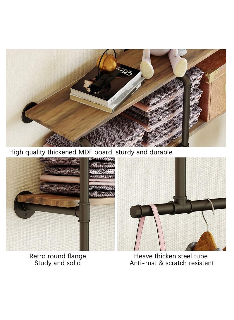 Arabest - Pipe Clothes Rail with Shelf: Wall Mounted Pipe Clothing Rack Wall Hanging Clothes Display Rack with 2 Tier Shelves Clothes Rail Wall Industrial Pipe Clothing Rail Pole with Shelves for Bedroom - Image 1