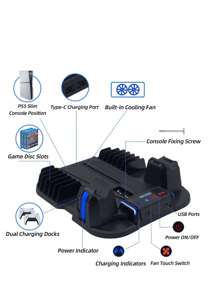 PGTECH - PS5 Slim Cooling Stand with Controller Charging Station for Playstation 5 Slim Console (Digital/Disc),  PS5 Slim Accessories Includes 3 Levels Cooling Fan, 12 Game Storage Slots, 2 USB Hubs - Image 1