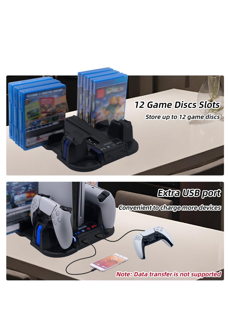 PGTECH - PS5 Slim Cooling Stand with Controller Charging Station for Playstation 5 Slim Console (Digital/Disc),  PS5 Slim Accessories Includes 3 Levels Cooling Fan, 12 Game Storage Slots, 2 USB Hubs - Image 1