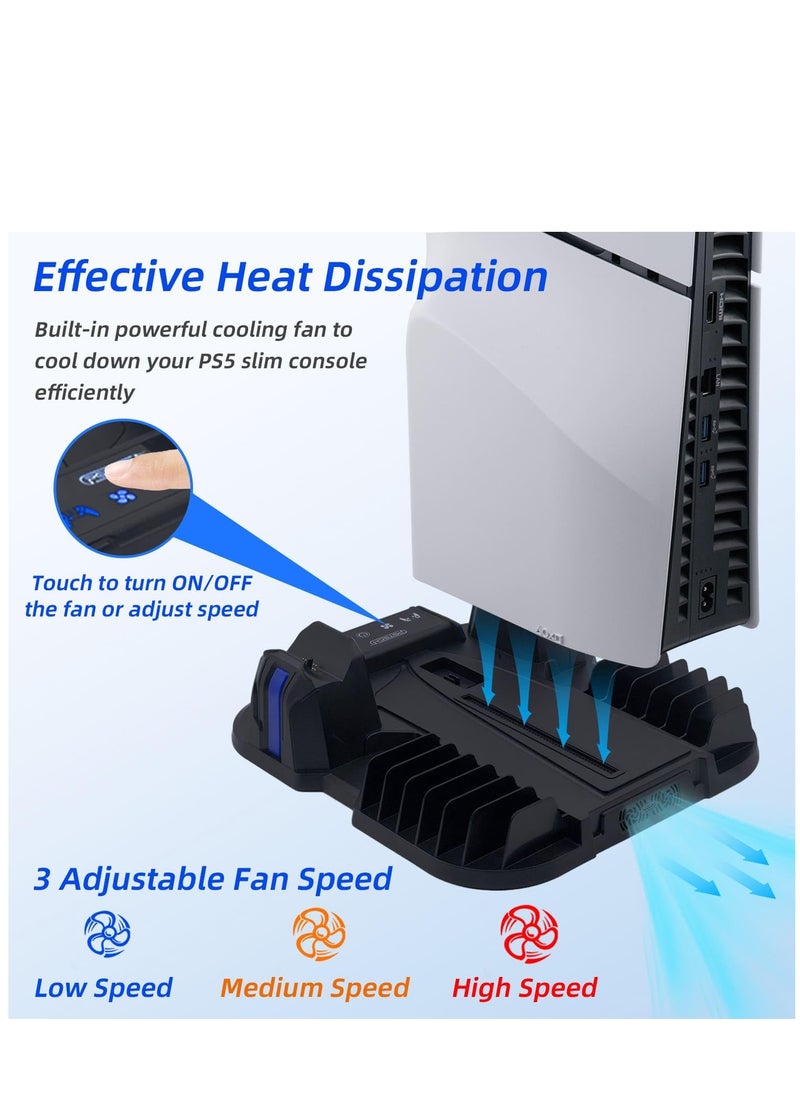 PGTECH - PS5 Slim Cooling Stand with Controller Charging Station for Playstation 5 Slim Console (Digital/Disc),  PS5 Slim Accessories Includes 3 Levels Cooling Fan, 12 Game Storage Slots, 2 USB Hubs - Image 1