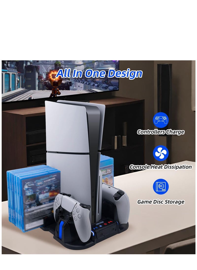 PGTECH - PS5 Slim Cooling Stand with Controller Charging Station for Playstation 5 Slim Console (Digital/Disc),  PS5 Slim Accessories Includes 3 Levels Cooling Fan, 12 Game Storage Slots, 2 USB Hubs - Image 1