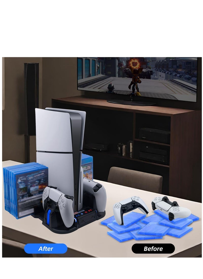 PGTECH - PS5 Slim Cooling Stand with Controller Charging Station for Playstation 5 Slim Console (Digital/Disc),  PS5 Slim Accessories Includes 3 Levels Cooling Fan, 12 Game Storage Slots, 2 USB Hubs - Image 1