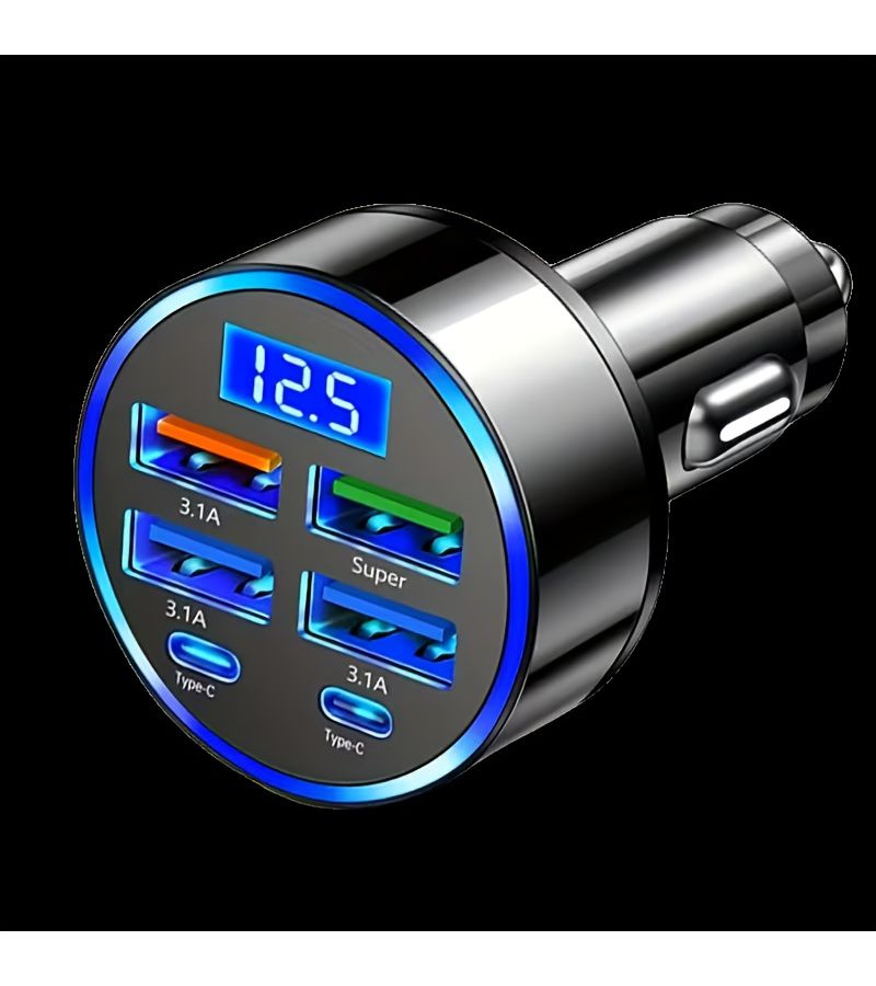 شاحن سريع للسيارة 6 في 1، منفذ USB رباعي ومنفذي Type C مزدوجين، 66 واط PD3.0، شحن سريع، مراقب جهد كهربائي، شاشة رقمية، شاحن هاتف محمول - Image 1