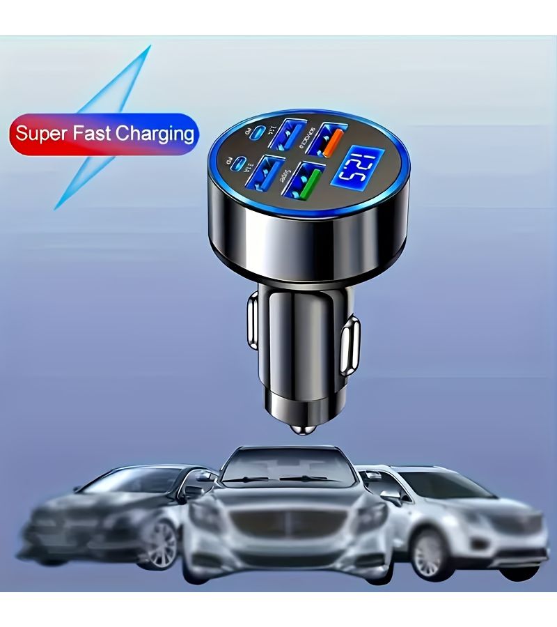 شاحن سريع للسيارة 6 في 1، منفذ USB رباعي ومنفذي Type C مزدوجين، 66 واط PD3.0، شحن سريع، مراقب جهد كهربائي، شاشة رقمية، شاحن هاتف محمول - Image 2