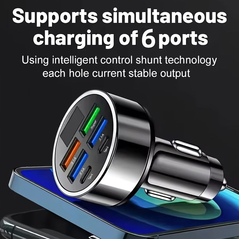 شاحن سريع للسيارة 6 في 1، منفذ USB رباعي ومنفذي Type C مزدوجين، 66 واط PD3.0، شحن سريع، مراقب جهد كهربائي، شاشة رقمية، شاحن هاتف محمول - Image 4
