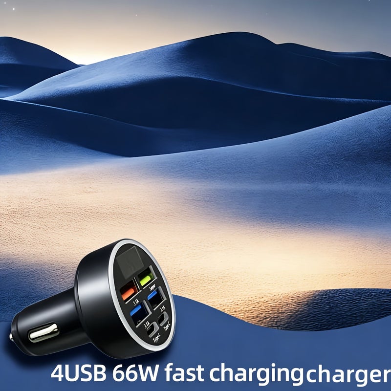 شاحن سريع للسيارة 6 في 1، منفذ USB رباعي ومنفذي Type C مزدوجين، 66 واط PD3.0، شحن سريع، مراقب جهد كهربائي، شاشة رقمية، شاحن هاتف محمول - Image 5