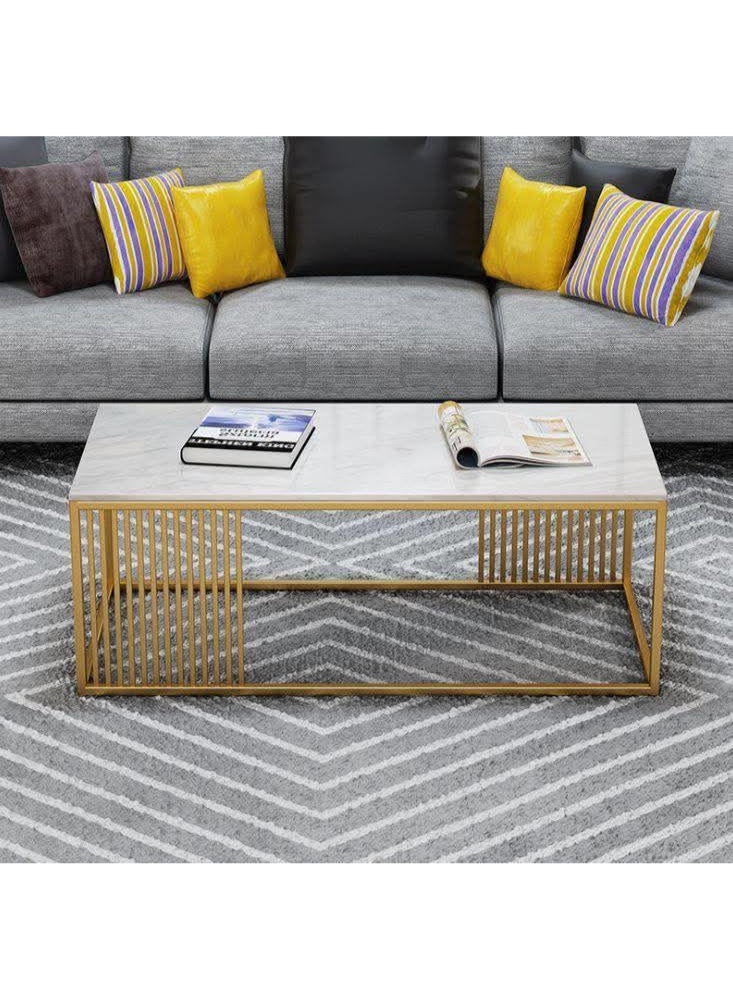 ترابيزه قهوة بشكل مستطيلى هيكل ستيل ذهبى سطح رخام ابيض