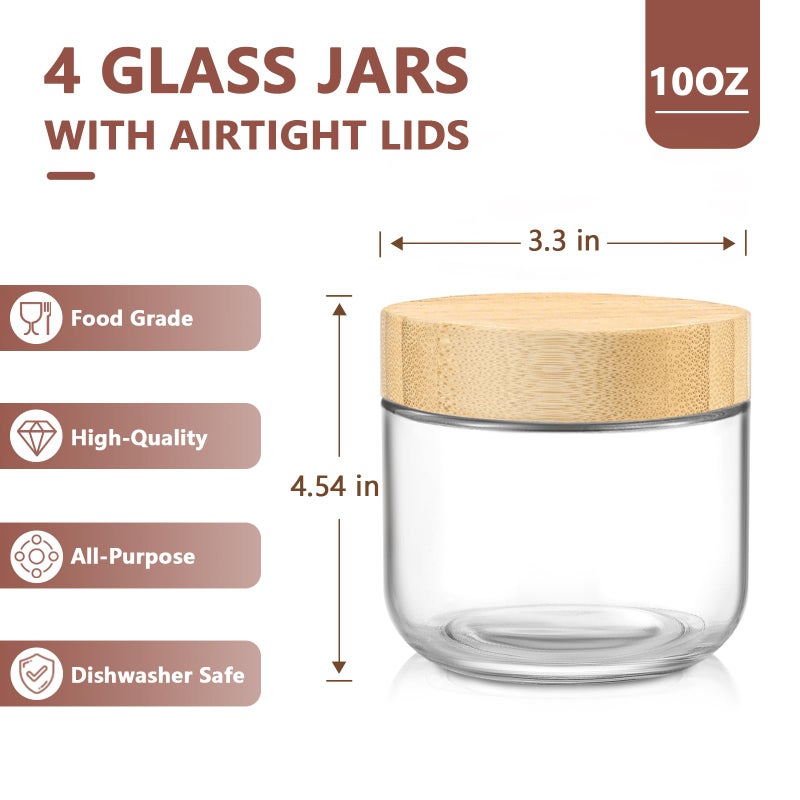 DRKIO 10 Oz Overnight Oats Containers with Bamboo Lids - 4 Pack Glass Storage Jars with Airtight Lids Wide Mouth Mason Food Jars Great for Meal Prep Salad Chia Pudding Snacks Yogurt Sugar Spice - Image 2