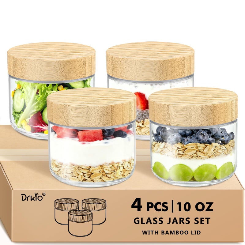 DRKIO 10 Oz Overnight Oats Containers with Bamboo Lids - 4 Pack Glass Storage Jars with Airtight Lids Wide Mouth Mason Food Jars Great for Meal Prep Salad Chia Pudding Snacks Yogurt Sugar Spice - Image 1