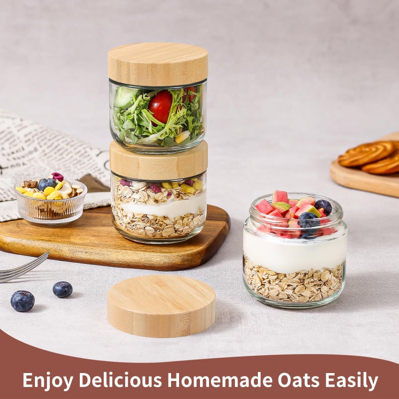 DRKIO 10 Oz Overnight Oats Containers with Bamboo Lids - 4 Pack Glass Storage Jars with Airtight Lids Wide Mouth Mason Food Jars Great for Meal Prep Salad Chia Pudding Snacks Yogurt Sugar Spice - Image 4
