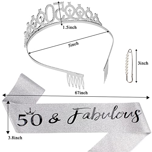 Semato "50 & Fabulous" Birthday Tiara and Sash Kit- 50th Birthday Gifts for Women 50th Birthday Party Decorations (silver) - Image 2