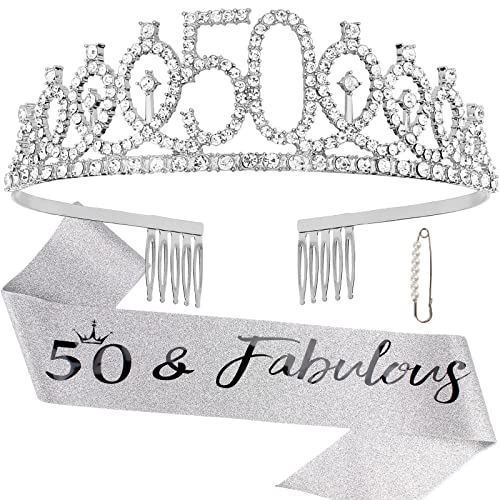 Semato "50 & Fabulous" Birthday Tiara and Sash Kit- 50th Birthday Gifts for Women 50th Birthday Party Decorations (silver) - Image 1