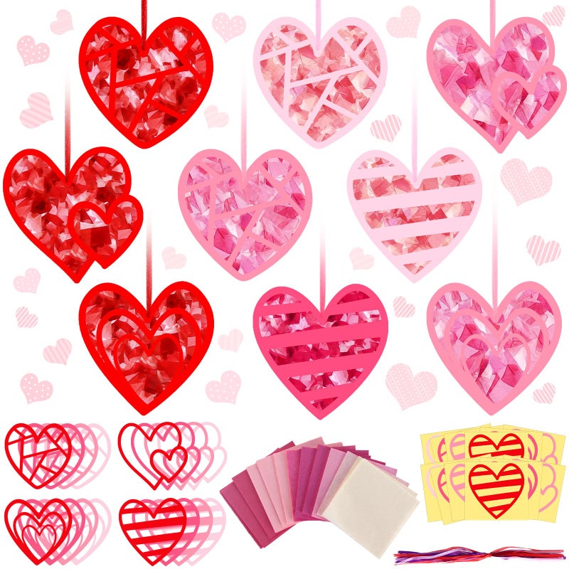 Motipuns 32 Sets Valentine Suncatchers Paper Craft Set DIY Heart Shaped Window Stained Glass Effect Paper Kit for Valentine Mother's Day Art Projects Party Favors(Cute Style) - Image 1