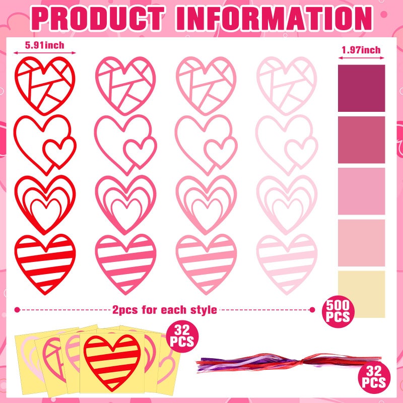 Motipuns 32 Sets Valentine Suncatchers Paper Craft Set DIY Heart Shaped Window Stained Glass Effect Paper Kit for Valentine Mother's Day Art Projects Party Favors(Cute Style) - Image 3