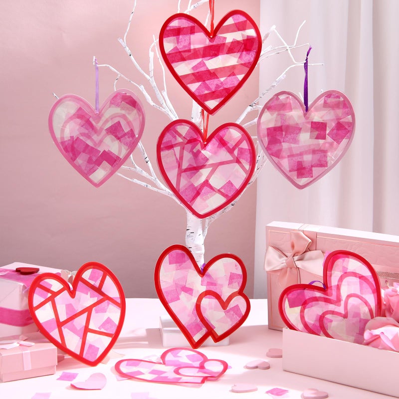 Motipuns 32 Sets Valentine Suncatchers Paper Craft Set DIY Heart Shaped Window Stained Glass Effect Paper Kit for Valentine Mother's Day Art Projects Party Favors(Cute Style) - Image 2
