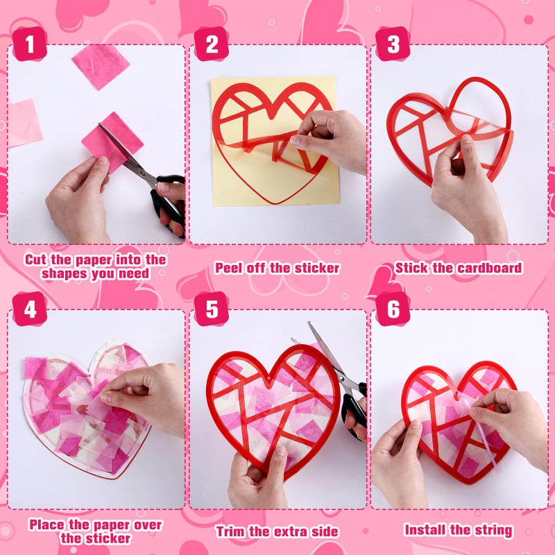 Motipuns 32 Sets Valentine Suncatchers Paper Craft Set DIY Heart Shaped Window Stained Glass Effect Paper Kit for Valentine Mother's Day Art Projects Party Favors(Cute Style) - Image 4