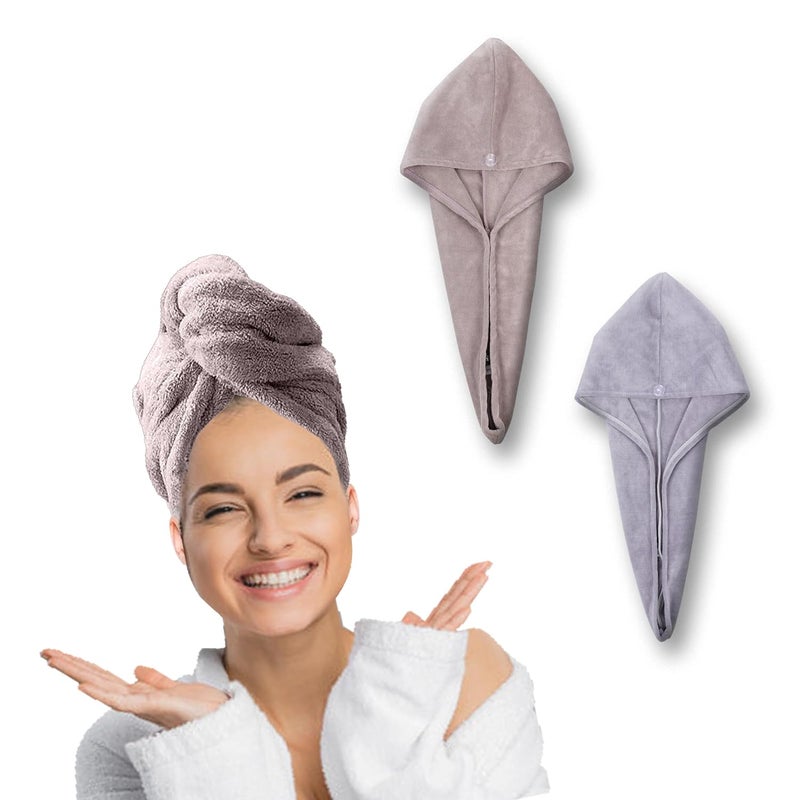 HOUSSE Microfibre Head Towels | 450 GSM High Absorbent Hair Wrap with Adjustable Buttons for Girls | Super Soft & Quick Dry Wrap Towel for Hairs | Set of 2 | 25x65 cm (Atmostphere & Dapple Grey) - Image 1