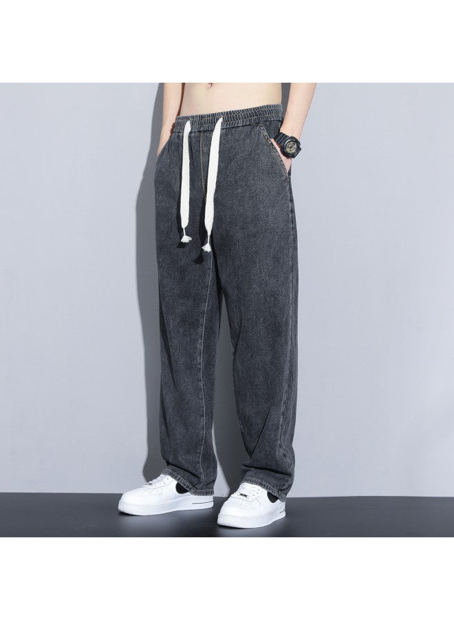 TonLion Spring Simple Versatile Men's Jeans With Drawstring Elastic Waist, Loose Straight-leg Trendy Casual Trousers For Men - Image 4