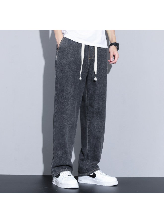 TonLion Spring Simple Versatile Men's Jeans With Drawstring Elastic Waist, Loose Straight-leg Trendy Casual Trousers For Men - Image 5