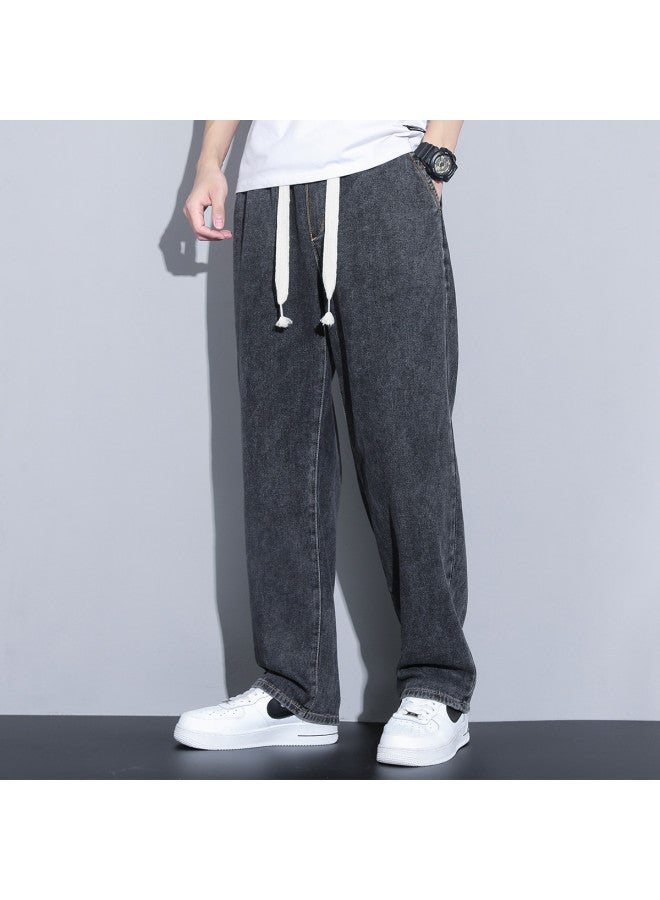 TonLion Spring Simple Versatile Men's Jeans With Drawstring Elastic Waist, Loose Straight-leg Trendy Casual Trousers For Men - Image 3