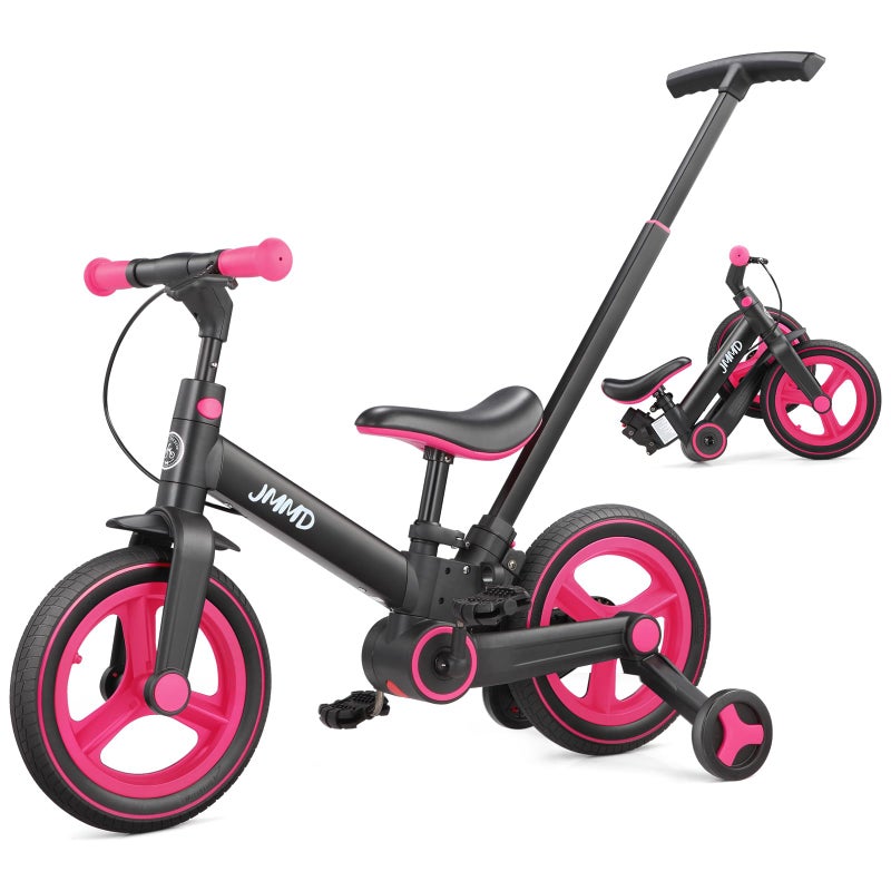 JMMD 6 in 1 Toddler Bike with Push Handle for Kids 18-60 Months, 12" Foldable Balance Bike with Training Wheels, Pedals, Brakes, Kickstand, Push Tricycle Toddler Gift & Toys for Boy & Girl - Image 1