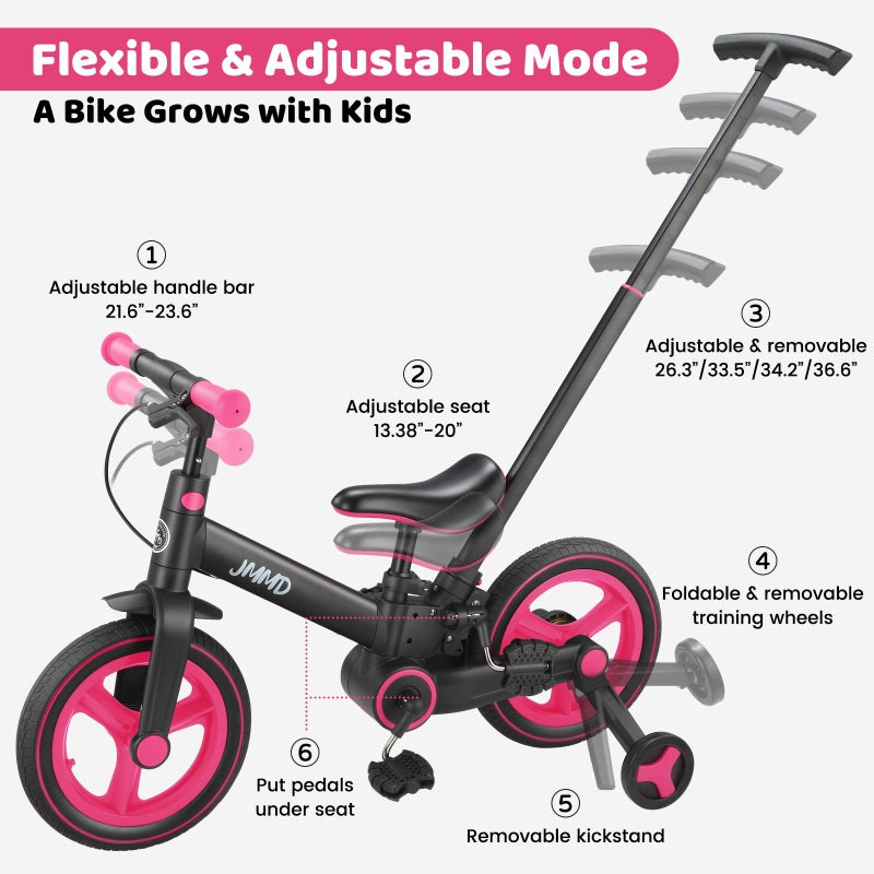JMMD 6 in 1 Toddler Bike with Push Handle for Kids 18-60 Months, 12" Foldable Balance Bike with Training Wheels, Pedals, Brakes, Kickstand, Push Tricycle Toddler Gift & Toys for Boy & Girl - Image 4