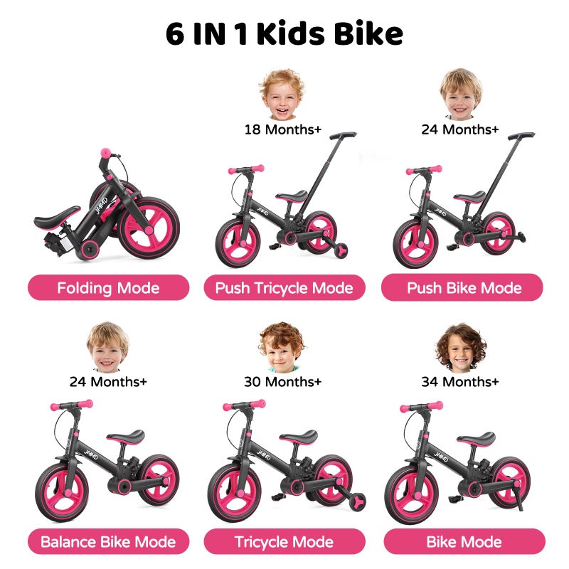 JMMD 6 in 1 Toddler Bike with Push Handle for Kids 18-60 Months, 12" Foldable Balance Bike with Training Wheels, Pedals, Brakes, Kickstand, Push Tricycle Toddler Gift & Toys for Boy & Girl - Image 2