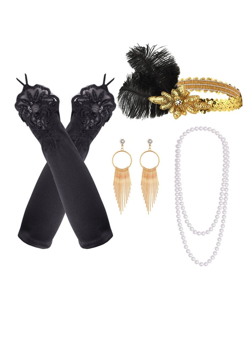 KASTWAVE Party Dress Up Set, 1920s Flapper Accessories Set for Women, Fancy Dress Party Accessories with Flapper Headband Long Gloves Pearl Necklace, Great Gatsby Theme Party Accessories (A3) - Image 1