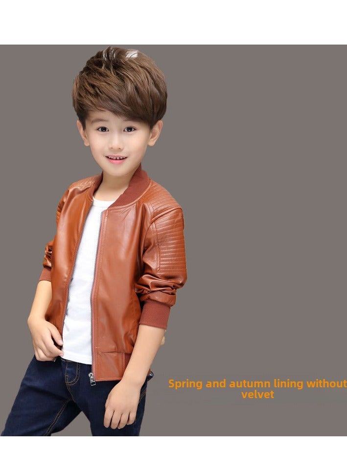 Boys Winter Fleece-Lined Thick PU Leather Jacket Brown spring and autumn