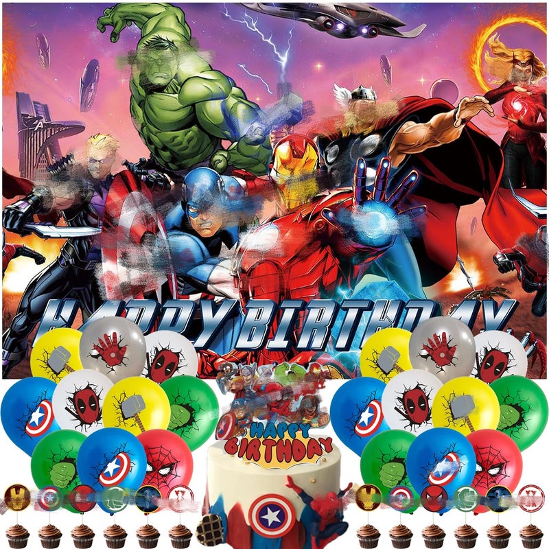 MANGO 44Pcs Superhero Birthday decorations superhero Birthday Party Supplies Includes Backdrop Latex Balloons Cupcake Toppers - Image 2