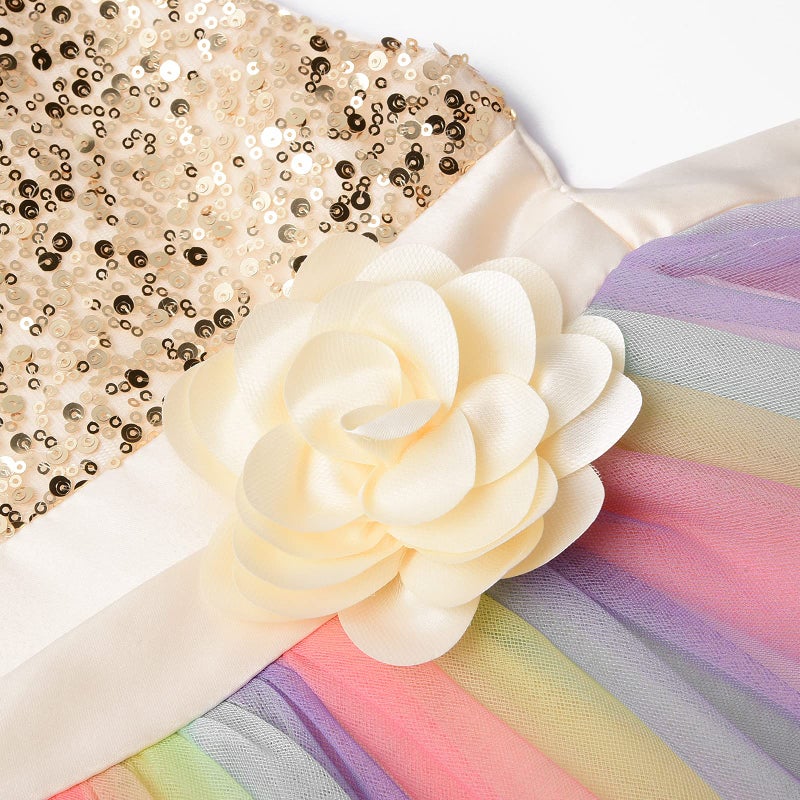 Uhnice Little Girl's Sequin Sleeveless Mesh Rainbow Dress for Wedding Party (Yellow, 4 Years) - Image 4