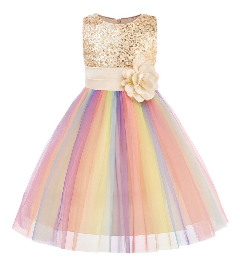 Uhnice Little Girl's Sequin Sleeveless Mesh Rainbow Dress for Wedding Party (Yellow, 4 Years) - Image 1