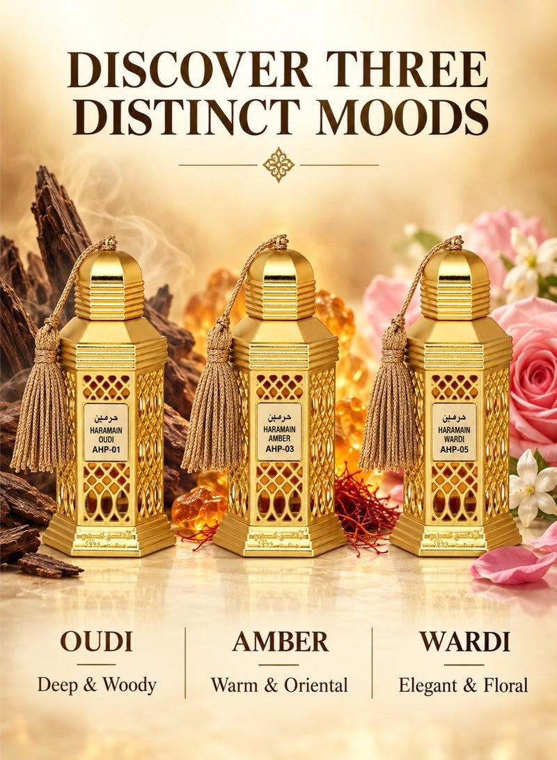 Al Haramain Haramain Oudi, Amber & Wardi Luxurious Set of 3 Concentrated Perfume Oils (12ml Each) | Long-Lasting Arabian Attar Collection for Men and Women - Image 5