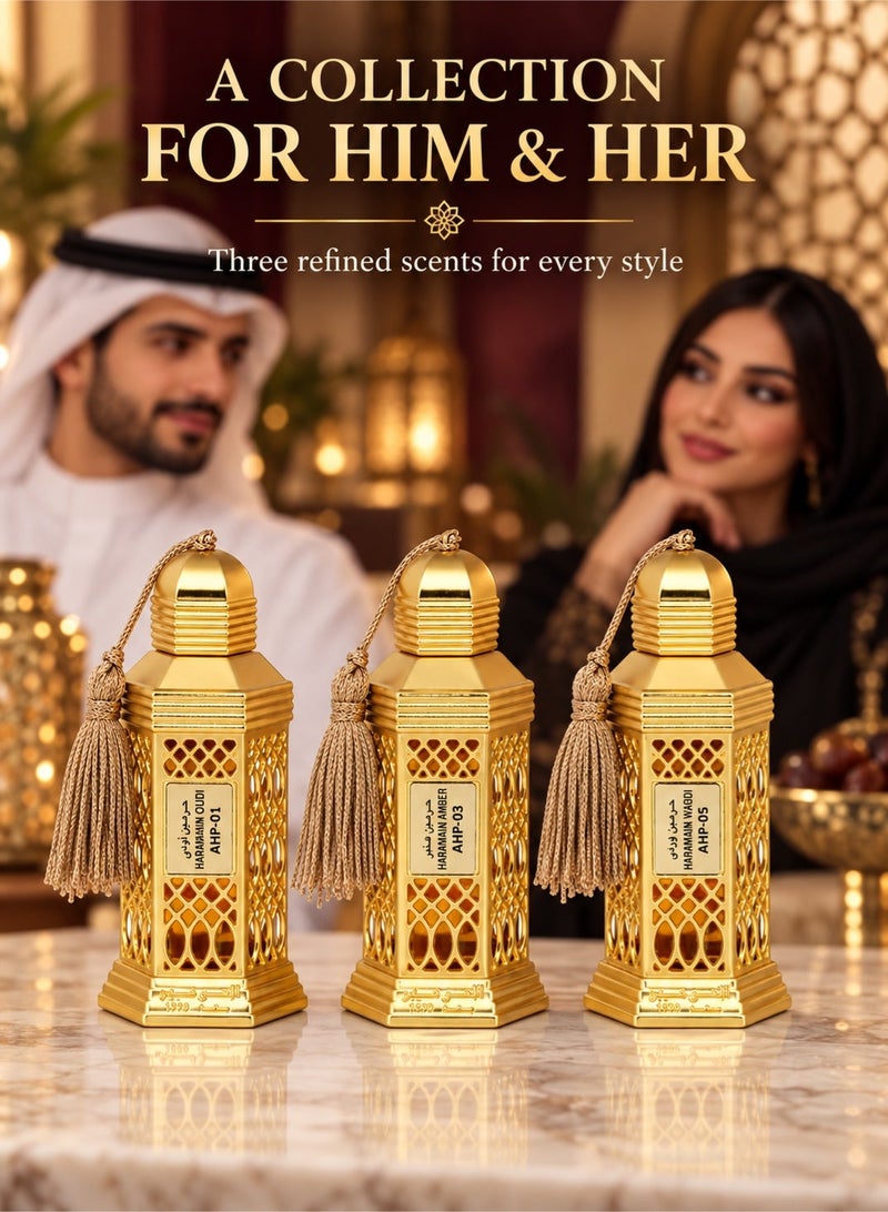 Al Haramain Haramain Oudi, Amber & Wardi Luxurious Set of 3 Concentrated Perfume Oils (12ml Each) | Long-Lasting Arabian Attar Collection for Men and Women - Image 1