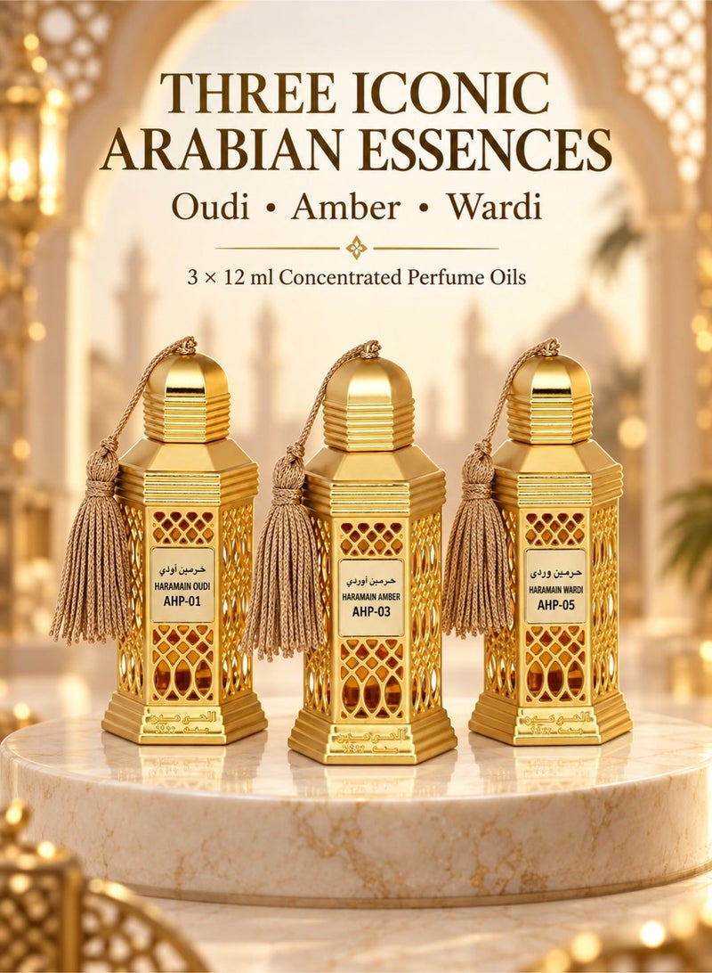 Al Haramain Haramain Oudi, Amber & Wardi Luxurious Set of 3 Concentrated Perfume Oils (12ml Each) | Long-Lasting Arabian Attar Collection for Men and Women - Image 2