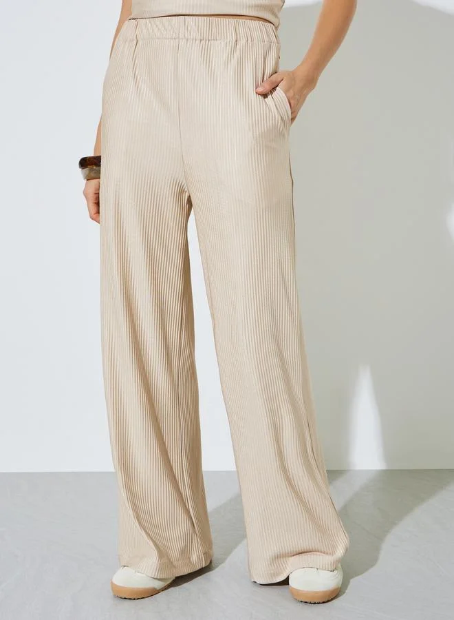 ستايلي Beige Plisse Wide Leg Pants