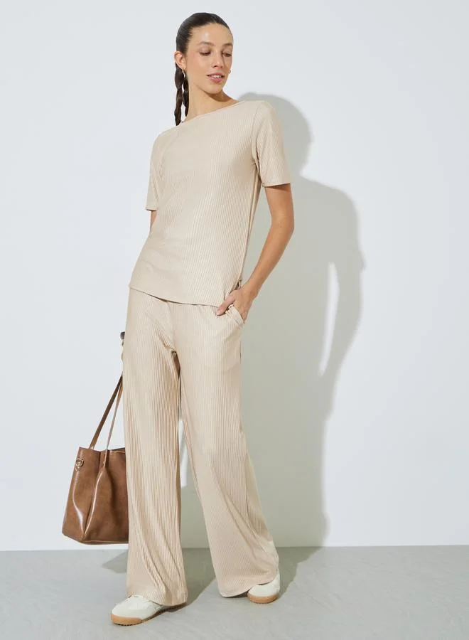 ستايلي Beige Plisse Wide Leg Pants