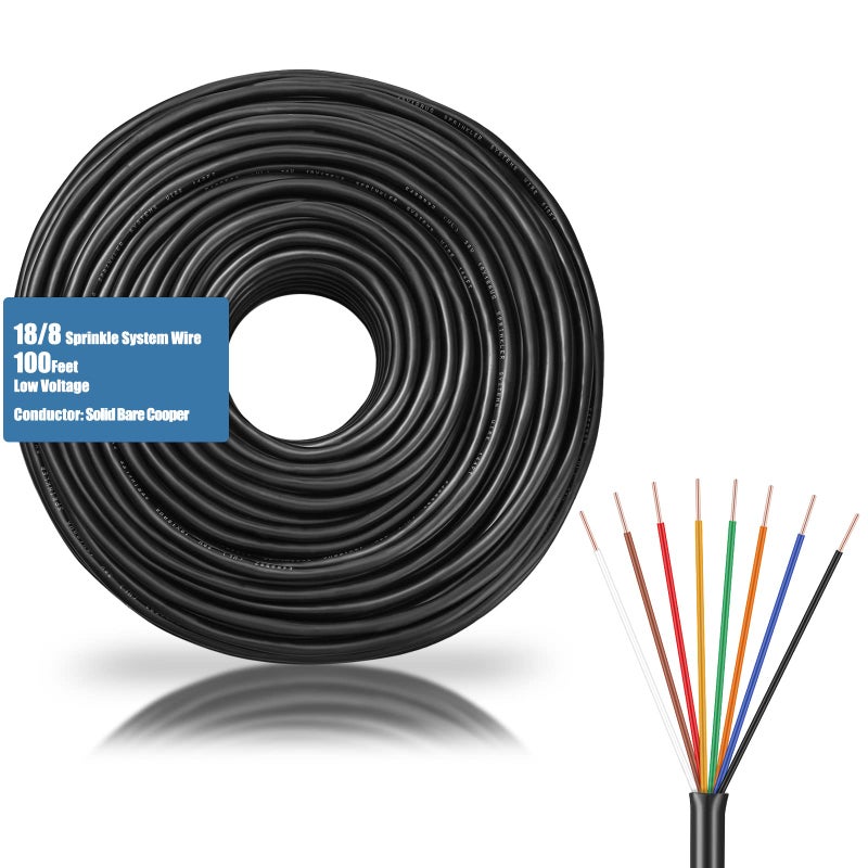 Hoolerry Solid Sprinkler System Wire 18 Gauge Irrigation Wire with UV Resistant PVC Jacket Sprinkler Cable for Underground Irrigation Field Central Control System 30v Ul Listed(18/8, 100 Ft) - Image 1
