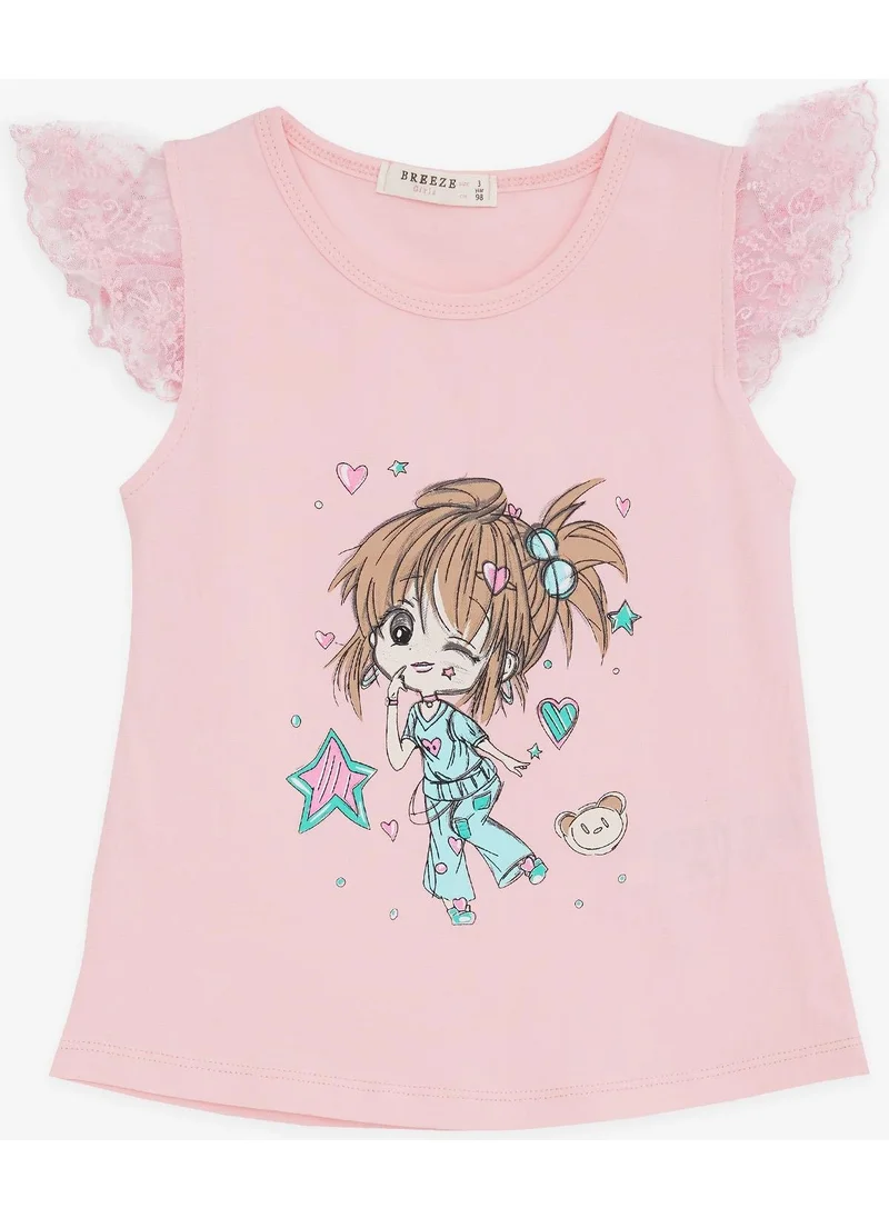 بريز Girl's T-Shirt Crazy Girl Printed Sleeves with Embroidery Lacing 1.5-5 Years, Pink
