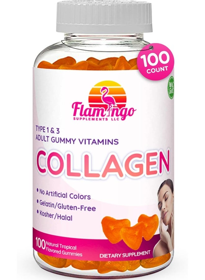 Flamingo Supplements - Hydrolyzed Collagen Gummies Type I & III | Kosher & Halal, No Gelatin, Non GMO | Strengthen Hair, Skin, Nails & Joint Care | Tropical Flavor | 100 Count - Image 1