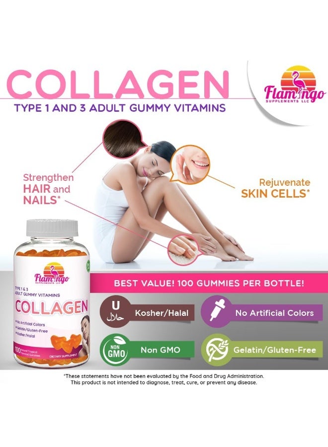 Flamingo Supplements - Hydrolyzed Collagen Gummies Type I & III | Kosher & Halal, No Gelatin, Non GMO | Strengthen Hair, Skin, Nails & Joint Care | Tropical Flavor | 100 Count - Image 3