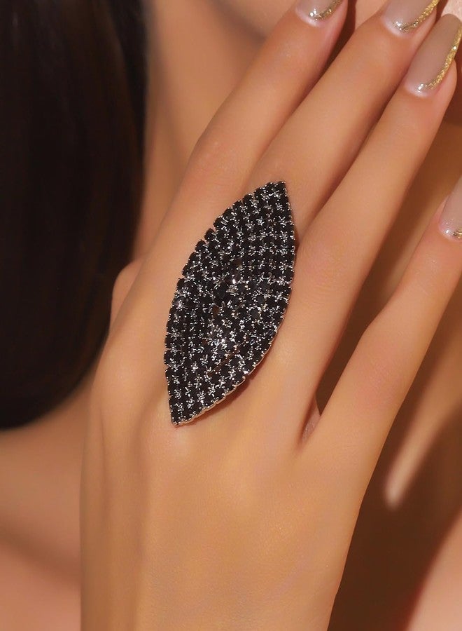 MarveBard Sparkling Oval Chunky Rhinestone Ring for Women Adjustable Thick Big Cocktail Statement Rings Cubic Zirconia Geometric Crystal Band Ring Wedding Birthday Party Halloween Christmas Jewelry (Black) - Image 2