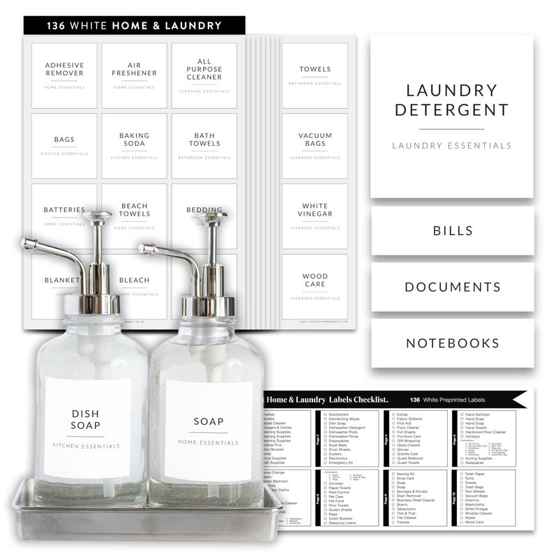 SAVVY & SORTED Laundry Labels for Jars, 136 Preprinted Home and Laundry Label Stickers for Storage Bins, Cleaning Jars, Spray Bottles, Linen Closet, Household Organization - Image 1