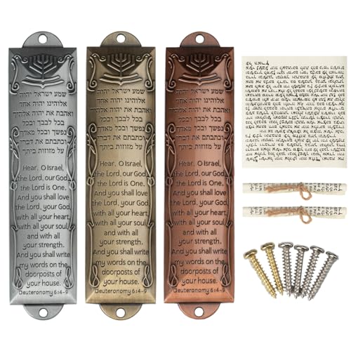 Exselens Mezuzah Set of 3 Jewish Door Mezuzah with English/Hebrew House Blessing, Metal Cases with Non-Kosher Scrolls, Gold, Silver, Bronze - Image 1