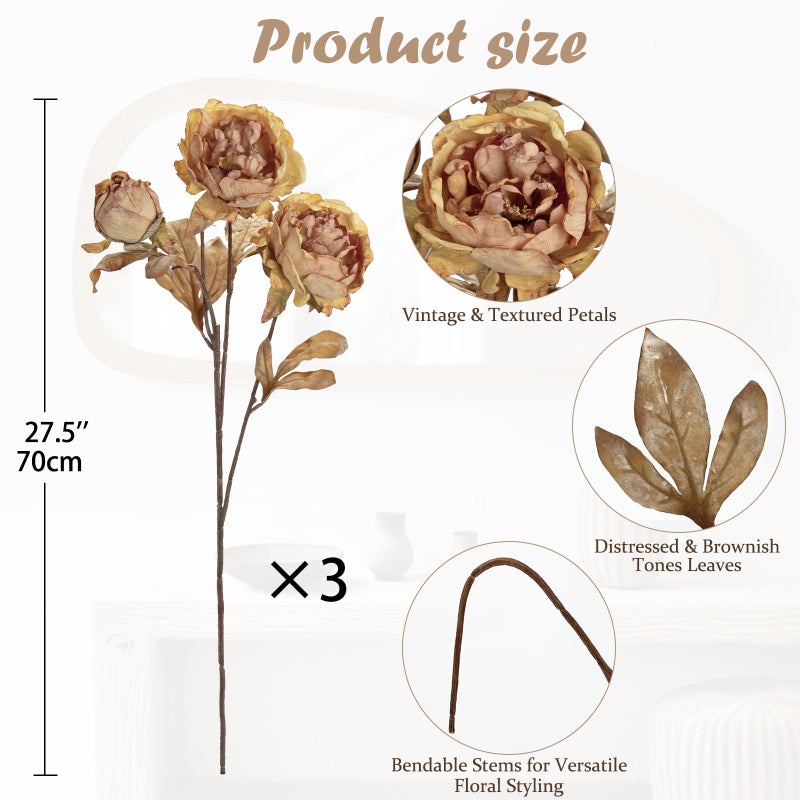 Briful Artificial Dried Look Fall Peony Flowers 3PCS 27.5in Tall Dusty Pink Vintage Silk Peony Bouquet Realistic Fake Peonies Floral Stems for Autumn Home Wedding Vase Centerpieces Arrangements Decor - Image 2