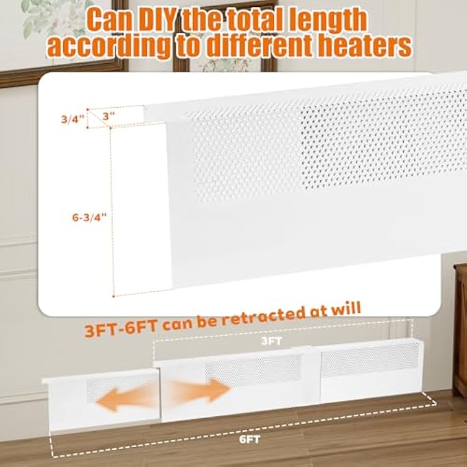 BASEBOARD HEATER COVER, ADJUSTABLE LENGTH FROM 3FT TO 6FT, INCLUDING LEFT AND RIGHT END COVERS, HIGH CARBON STEEL, TOTAL LENGTH OF 6FTEASY INSTALLATION - Image 3