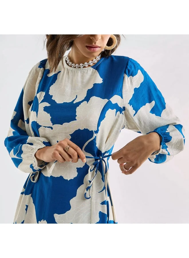 Splash FAV Printed Dress with Long Sleeves and Tie-Ups
